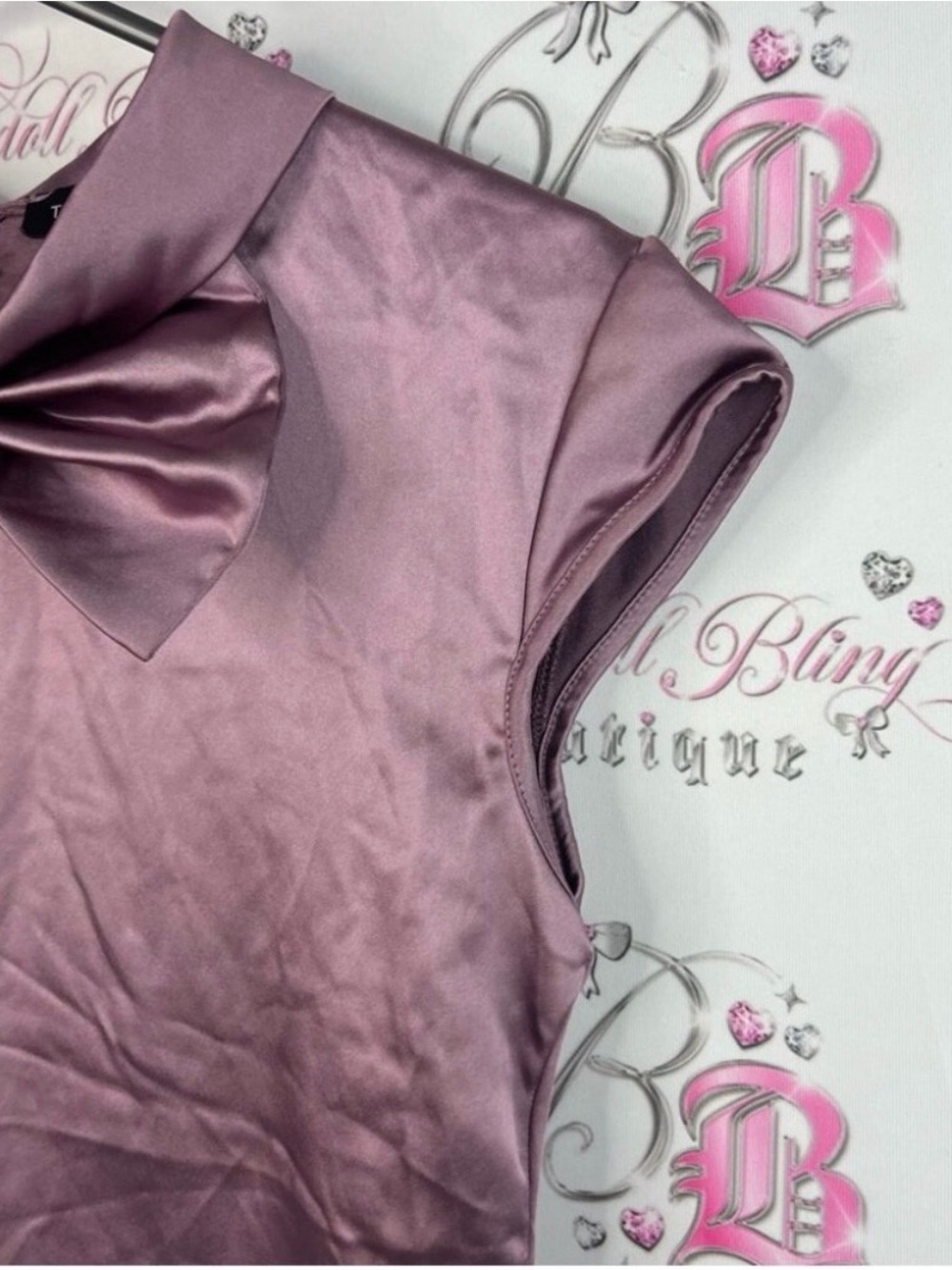 Tailor Vintage Mauve Satin Bow Neck Cap-Sleeve Top View 4